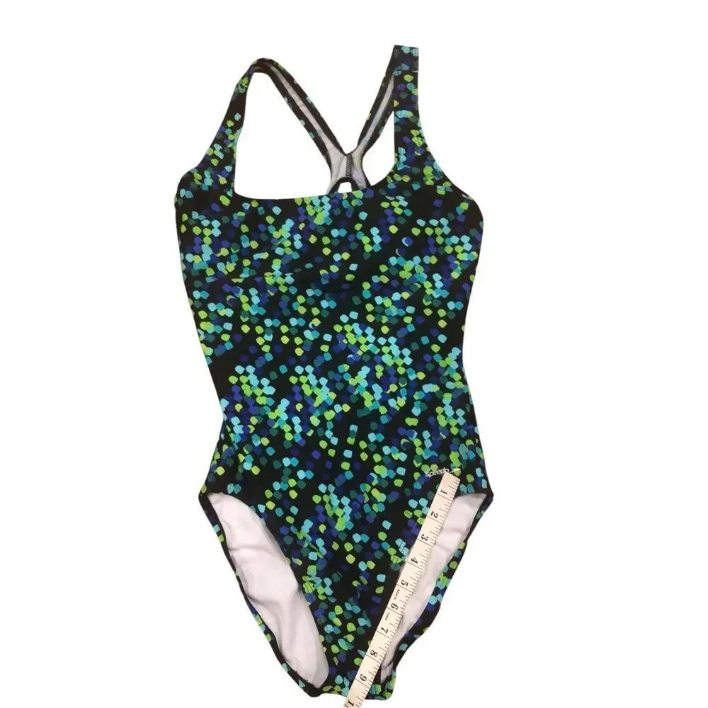 Speedo classic racerback swimsuit with a vibrant blue and green patterned print